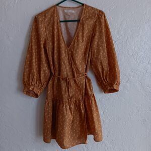 Christy Dawn Talia Wrap Dress Mini Womens Sz L Floral Gold Coquette  Cottagecore